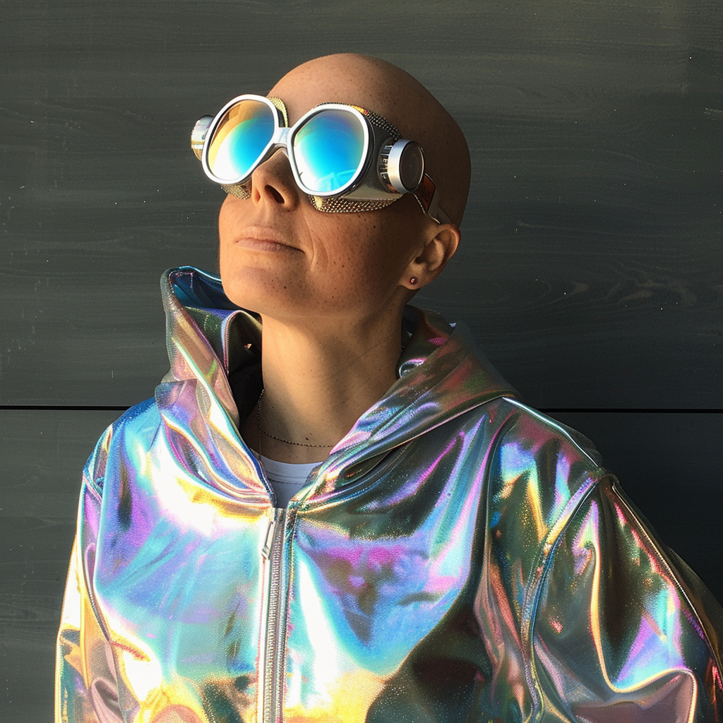 Peia, from planet Thera. A bald woman wearing a holographic hoodie and pilot goggles. 87Peia23