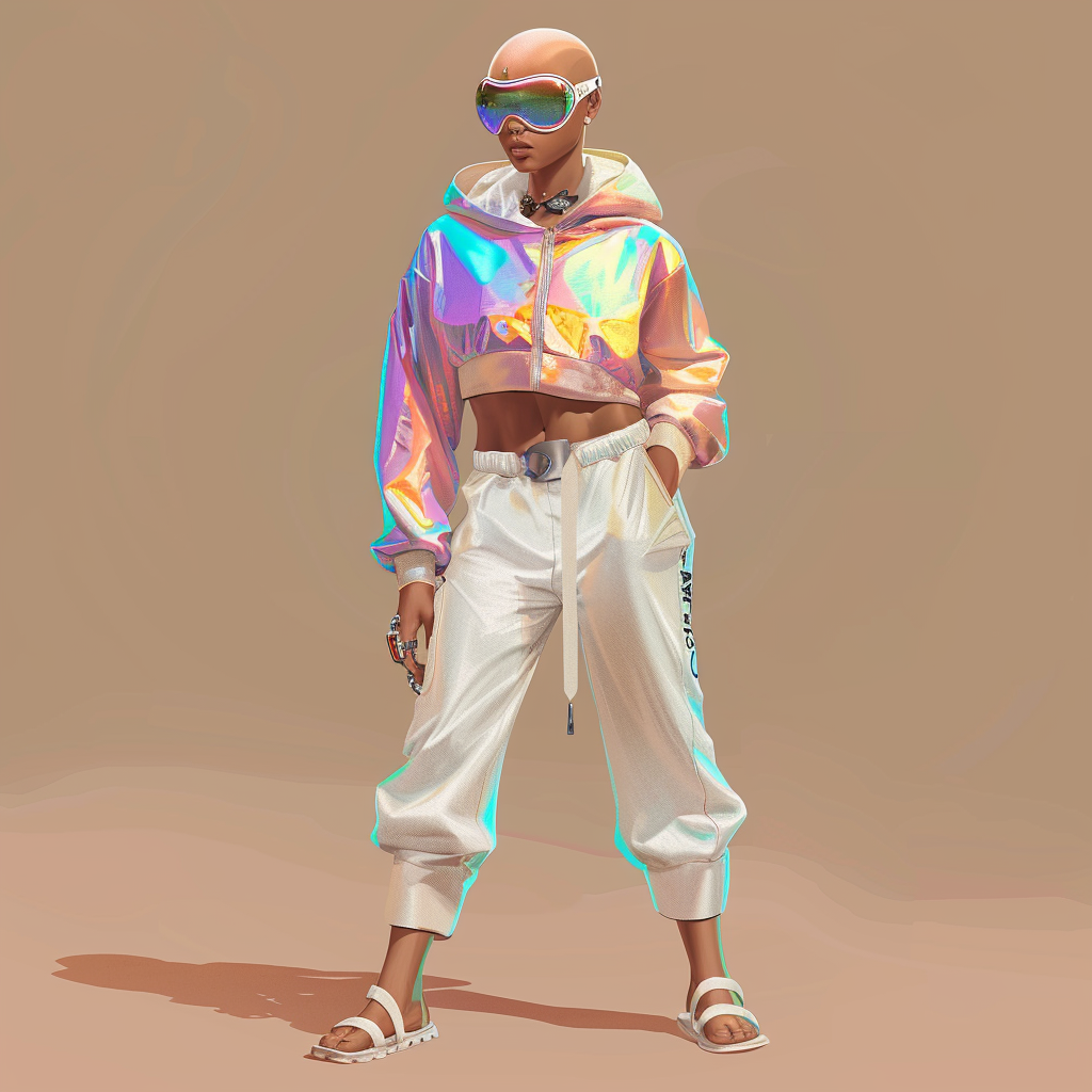 Peia, from planet Thera. A bald woman wearing a holographic hoodie and pilot goggles.